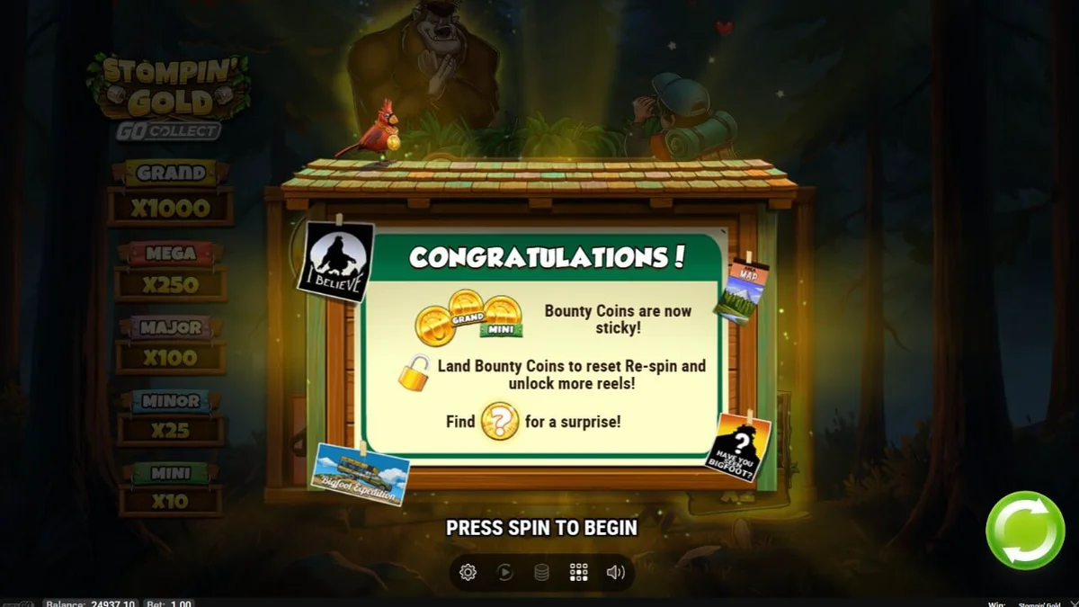 Stompin’ Gold GO Collect slot game interface showing yeti characters and treasure