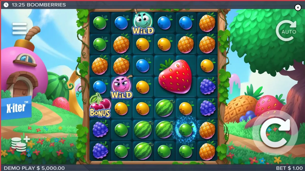 Tampilan visual slot Boomberries dengan tema desa dongeng dan buah-buahan cerah.