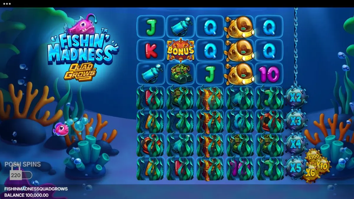Pemandangan bawah laut yang penuh warna dalam slot Fishin’ Madness Quadgrows