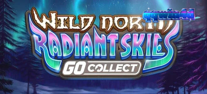 Pemandangan aurora borealis di atas hutan bersalju dalam slot Wild North Radiant Skies GO Collect
